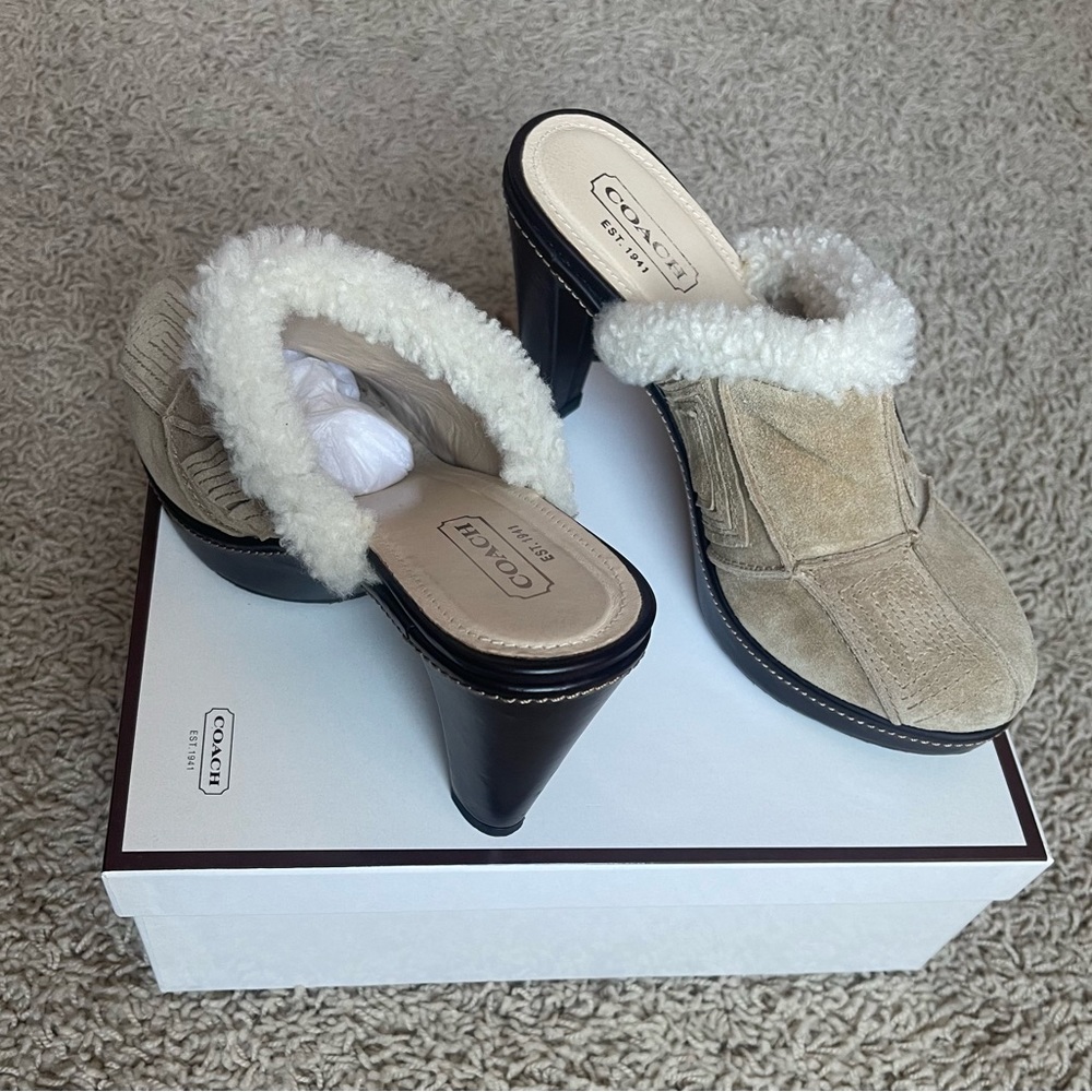 Coach Aubrey Tan Suede Clogs Size 8.5